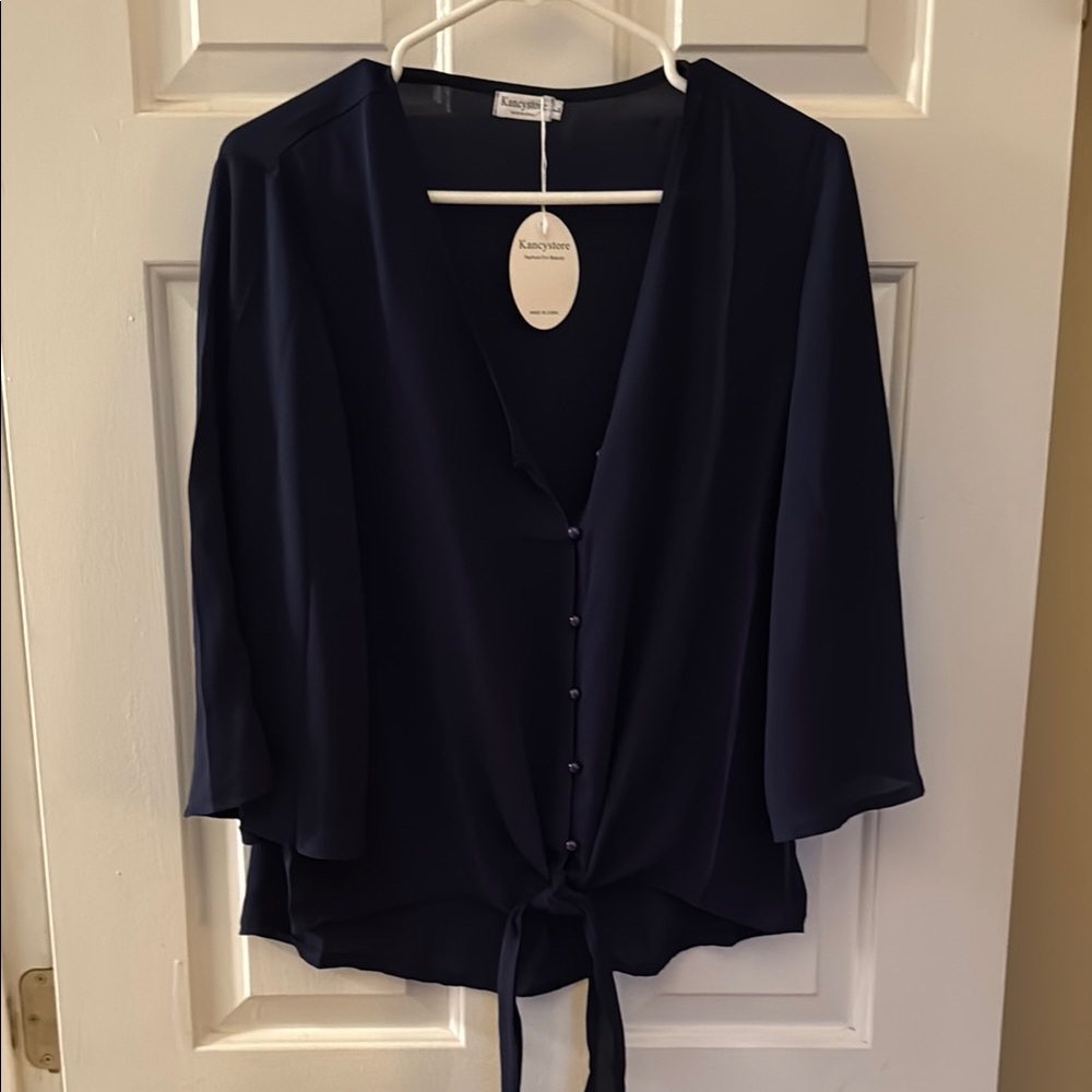 Navy Tie Front Top